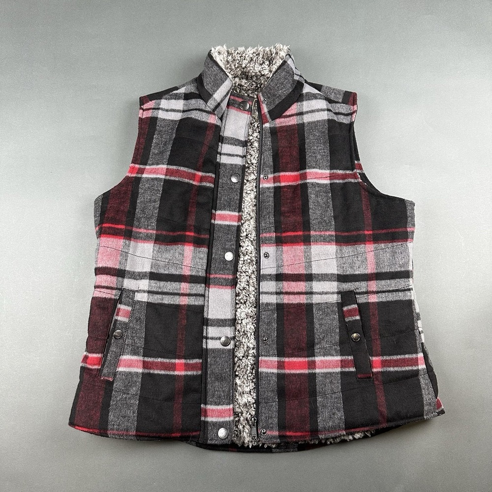 Natural Reflections Flannel Vest Red Plaid Women's L Sherpa Lined Wool Blend NWT